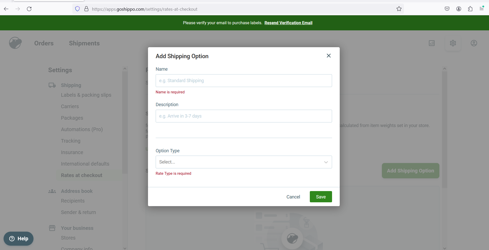 No asterisks for mandatory fields in “New Package Template/Add Shipping Option”