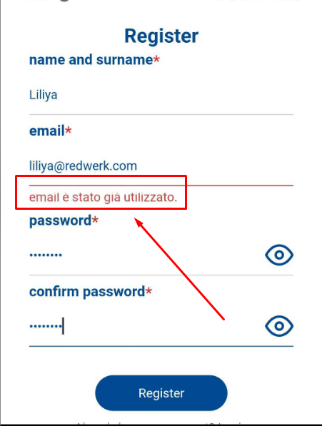 Error message displayed in Italian when re-registering with same email