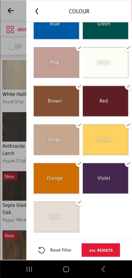 Selection of all colors alters search results from 312 to 201 décor pieces