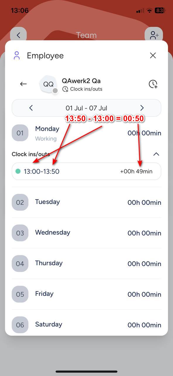 Summary of worked time displays 1 minute less than actual