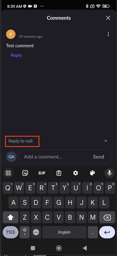 ‘Reply to null’ is displayed after attempting to reply to comment