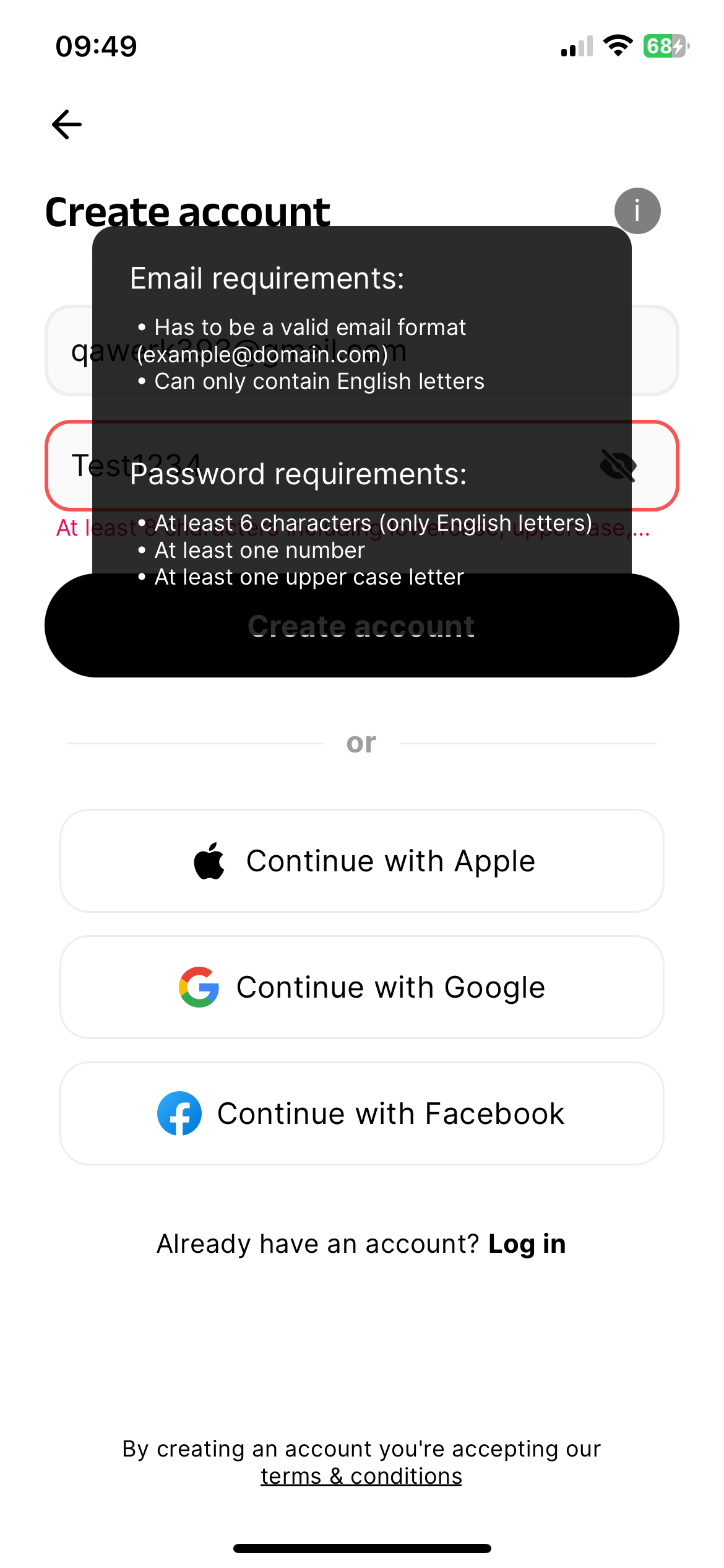 Password requirements do not match with ‘Info’ popup and ‘Error’ message