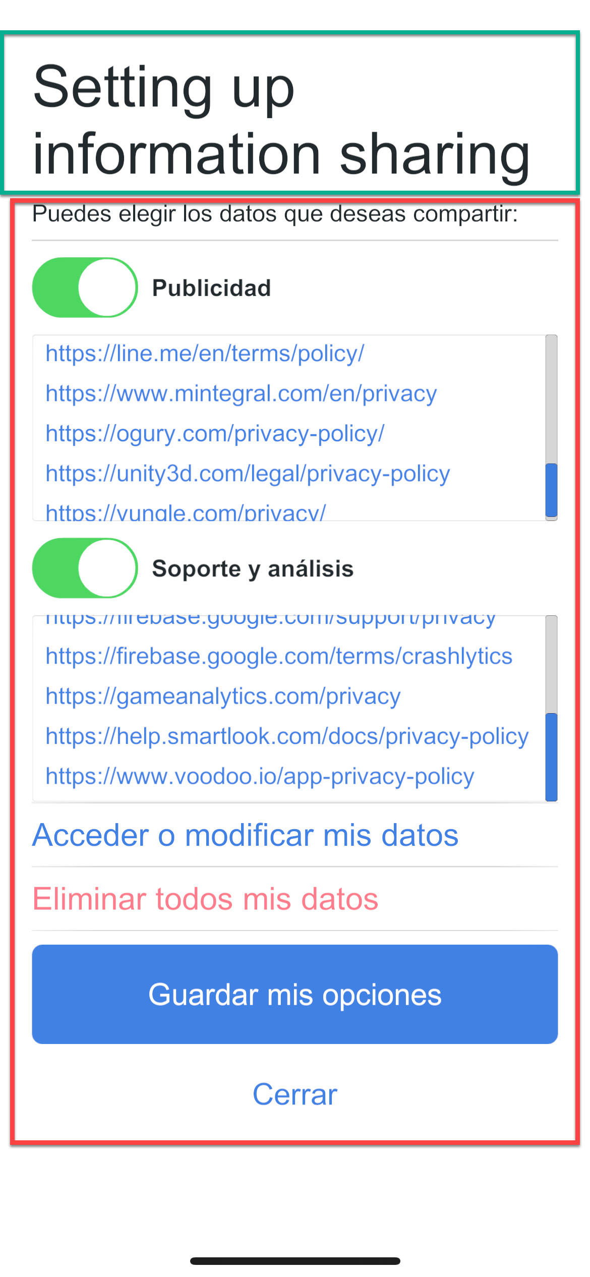 Spanish text is shown on “Privacy Policy” screen