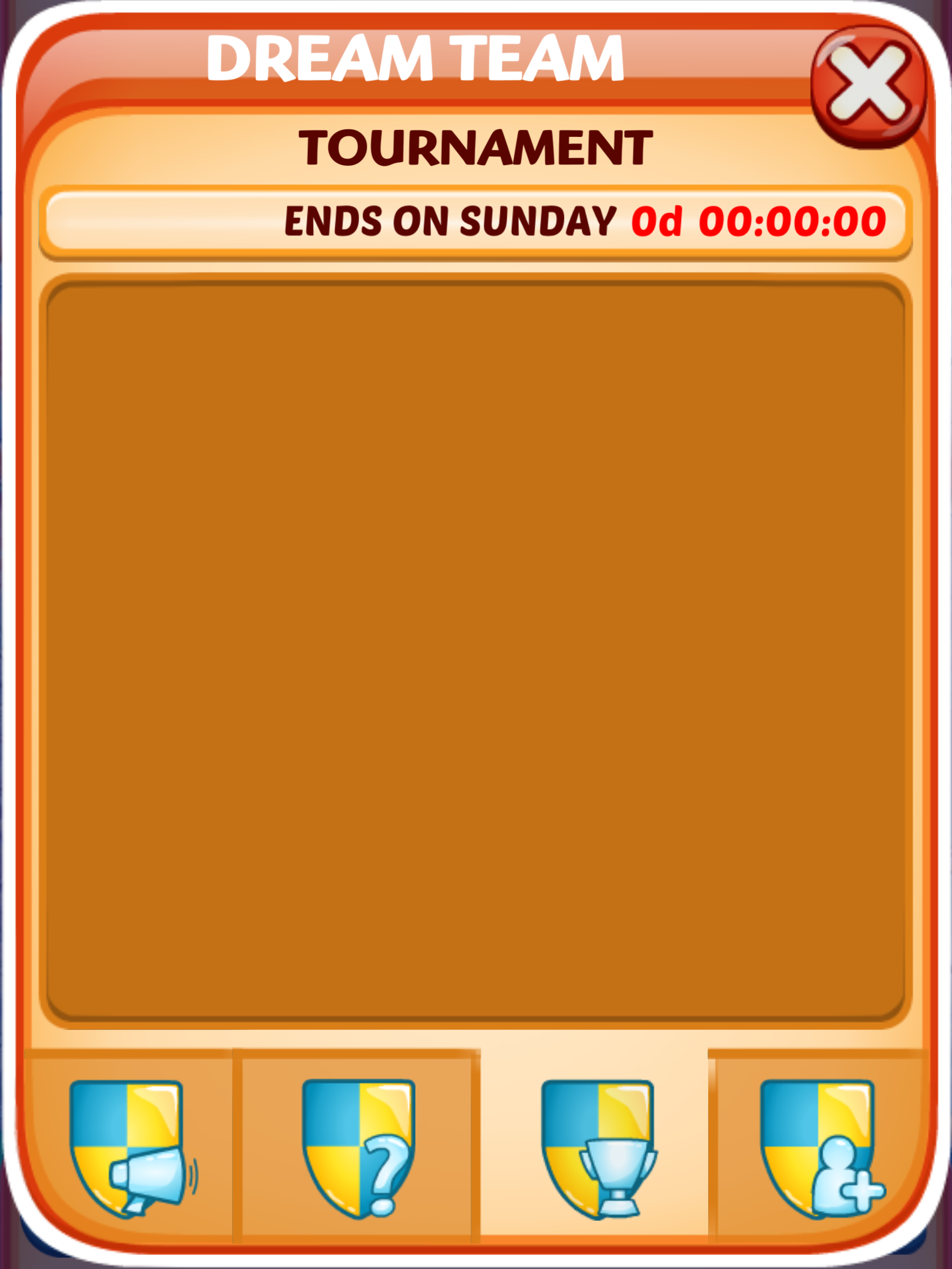 Empty tournament section with end time displayed as 00:00:00