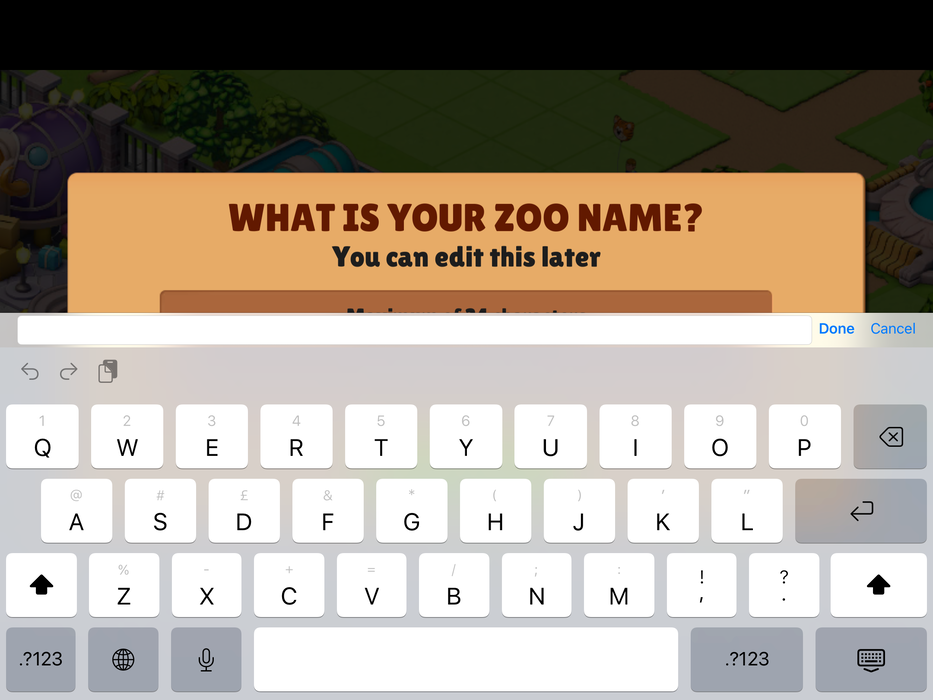 ‘What is your Zoo name?’ textbox is overlapped by keyboard