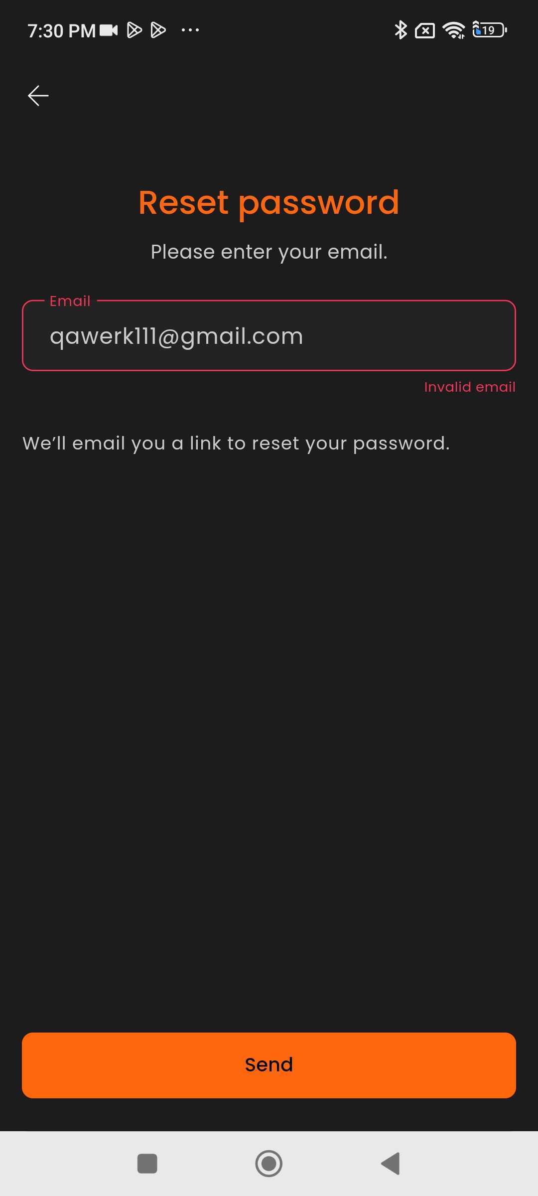 Incorrect Invalid email error displayed during password reset