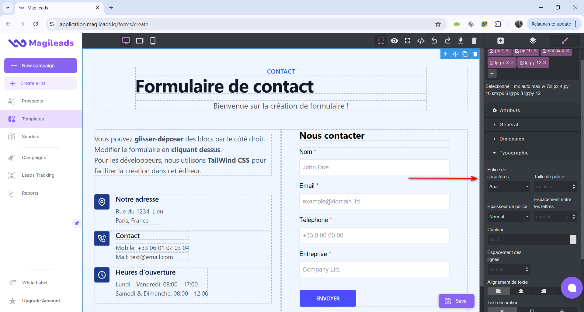 Form editing block in French