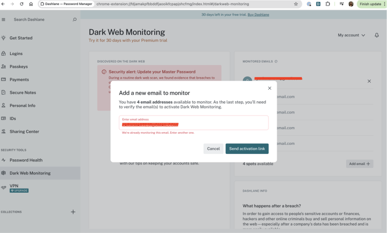 Dashlane detects breached emails and provides appropriate recommendations. Duplicate entries are prevented.