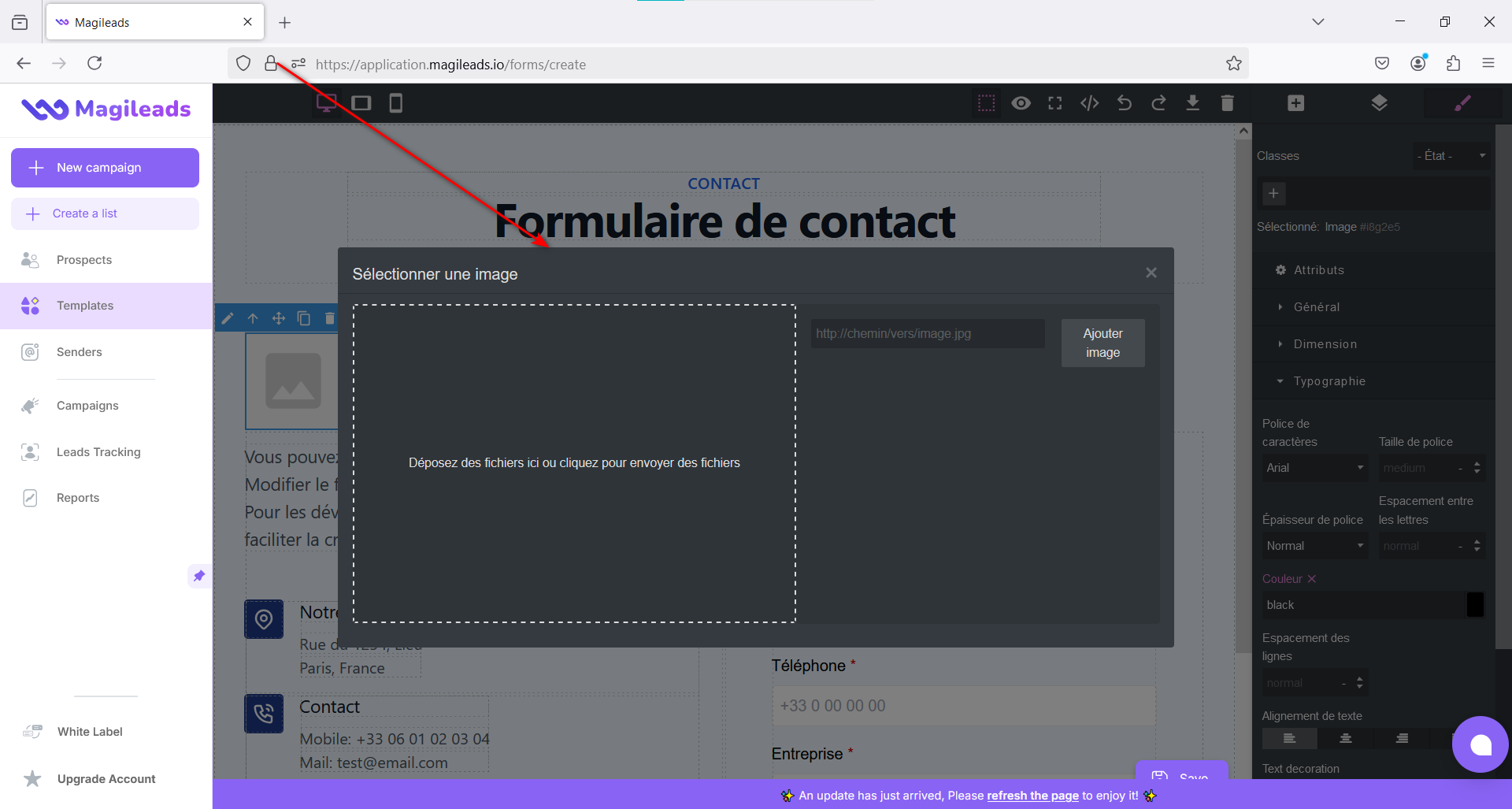 Window for adding image to form is in French