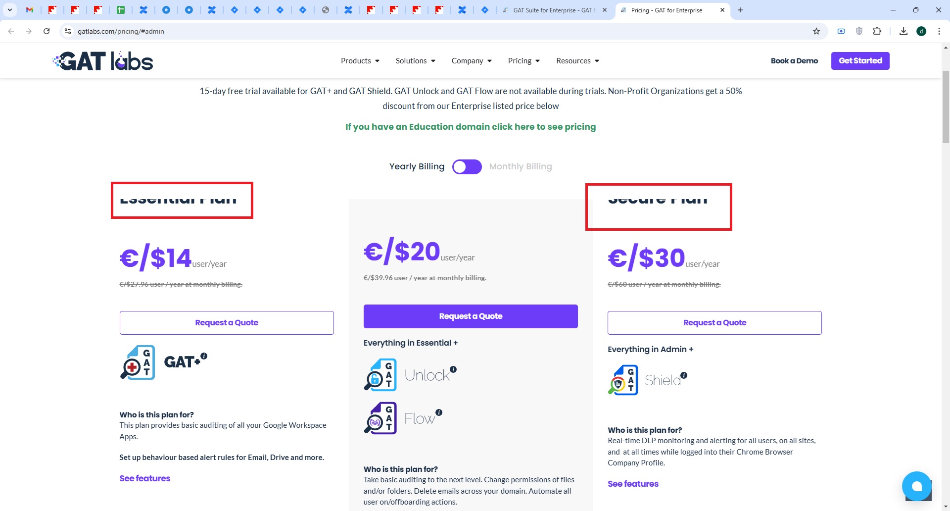 Headers of plans displayed cut in Features by Product page