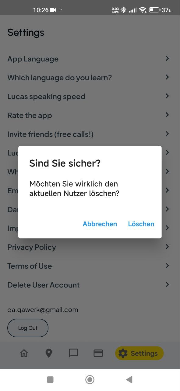 German language appears in account deletion pop-up on English version of app