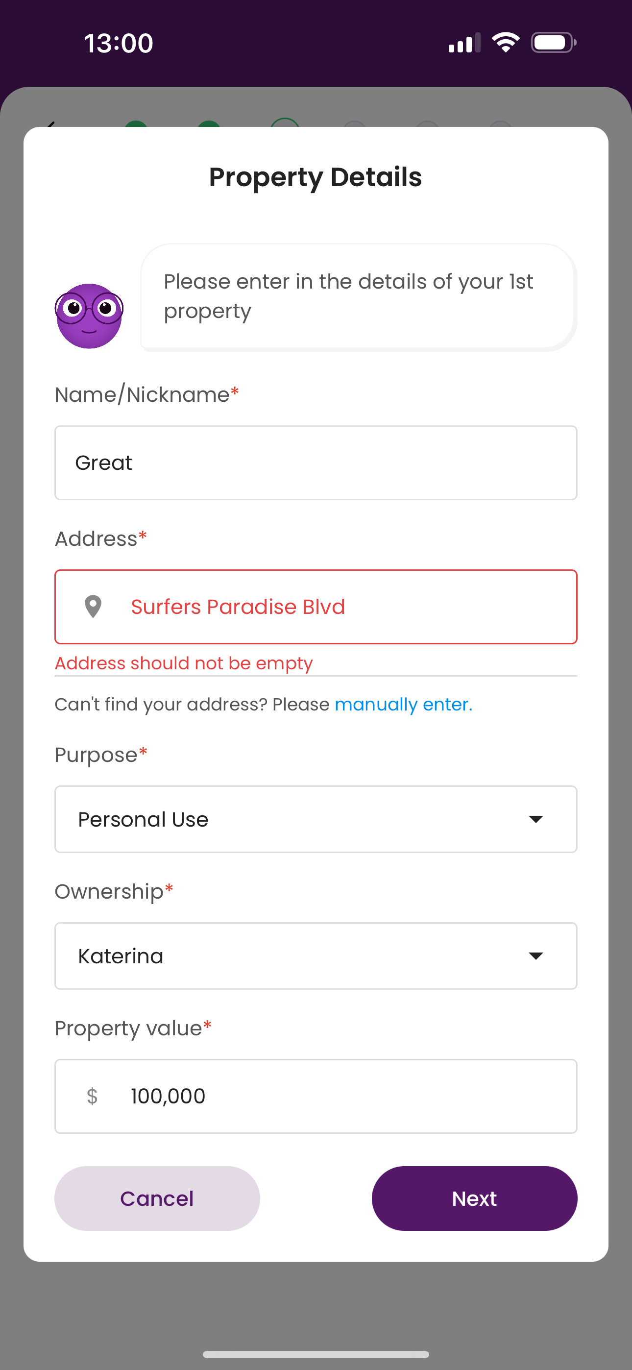 On 'Property Details' page 'Address*' field has wrong validation text