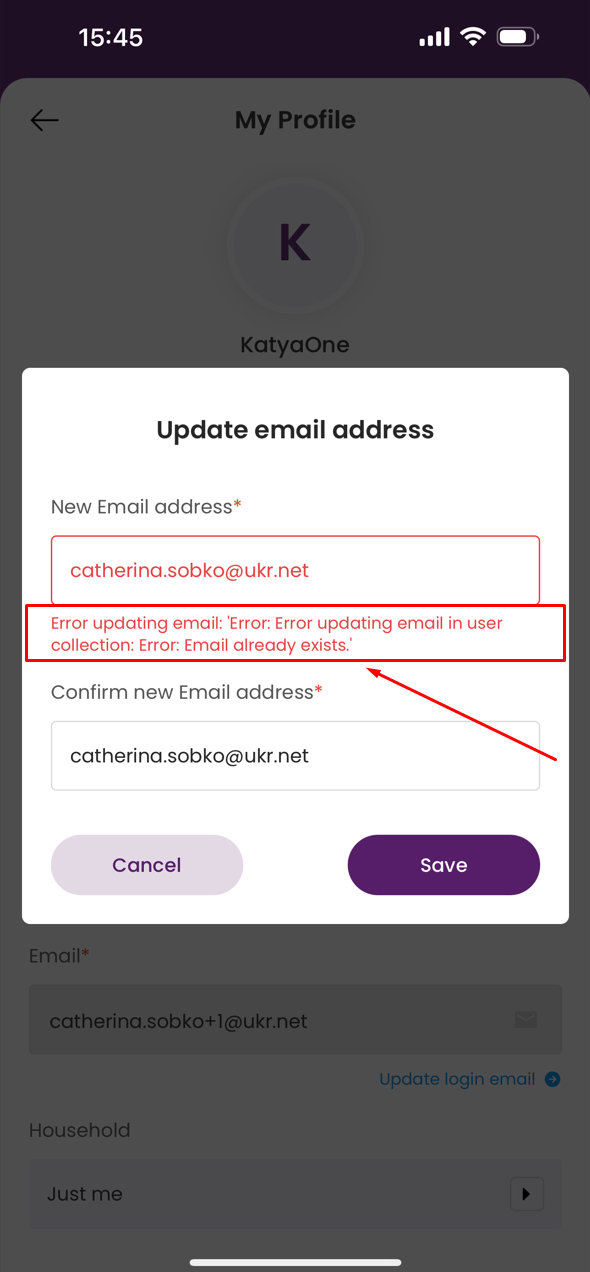 Validation error message should be improved updating email to existing one