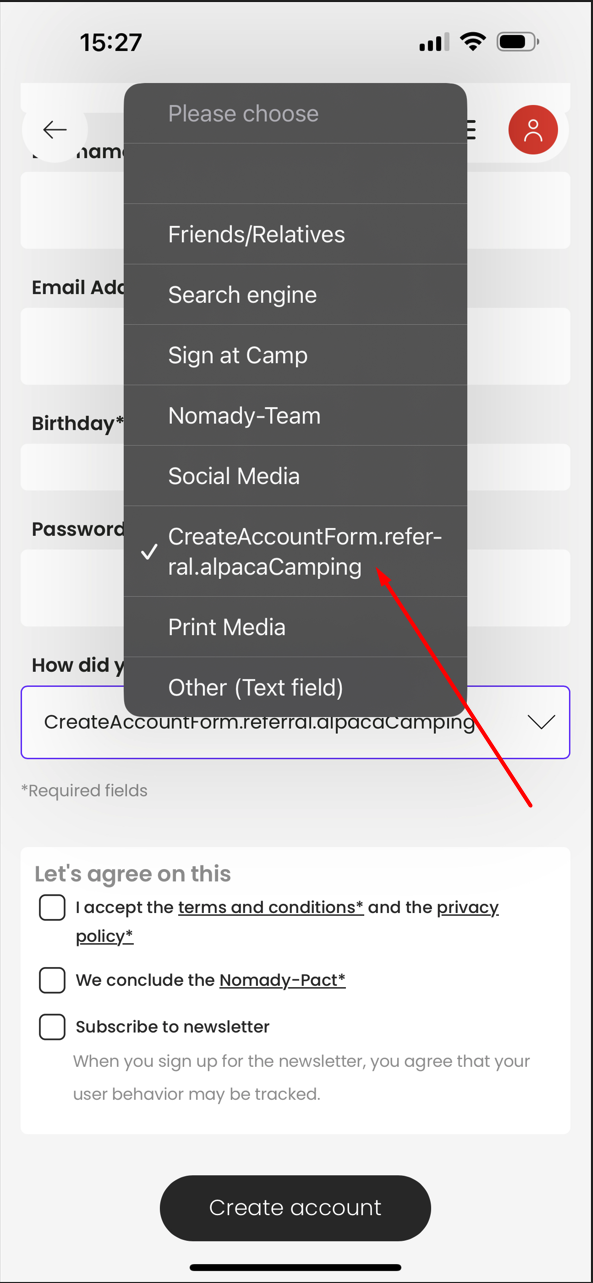 Create an account: ‘How did you become aware of Nomady?*’ dropdown contains an option that should be renamed