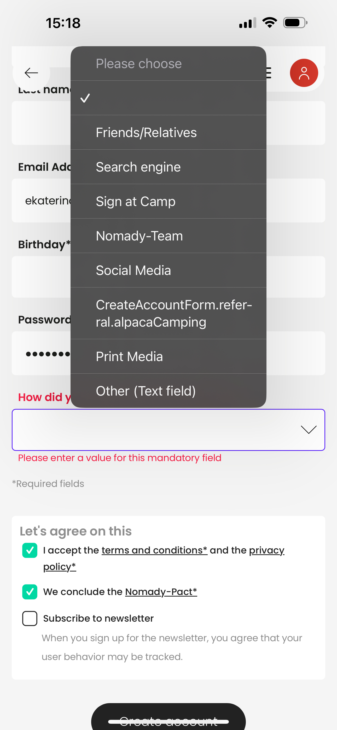 Create an account: ‘How did you become aware of Nomady?*’ dropdown contains an option that is considered to be invalid