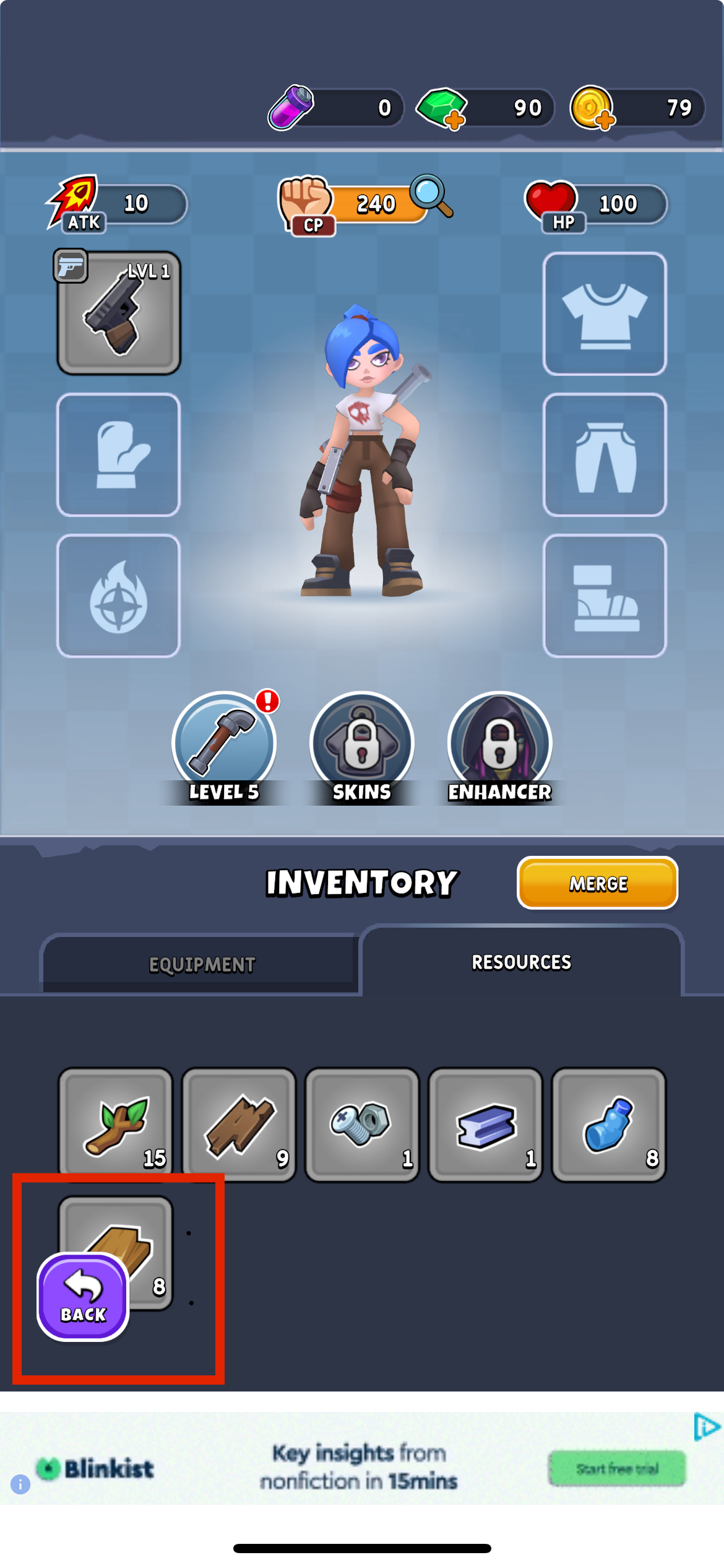 “Back” button overlaps content inside “Inventory” section