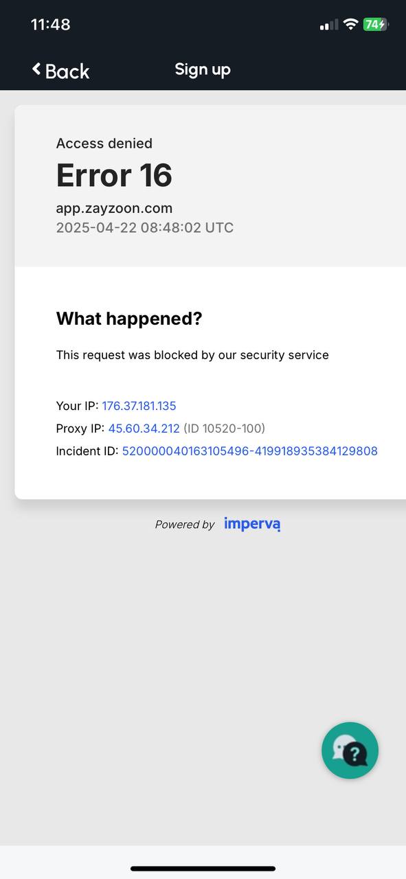 Error occurs when registering outside Canada