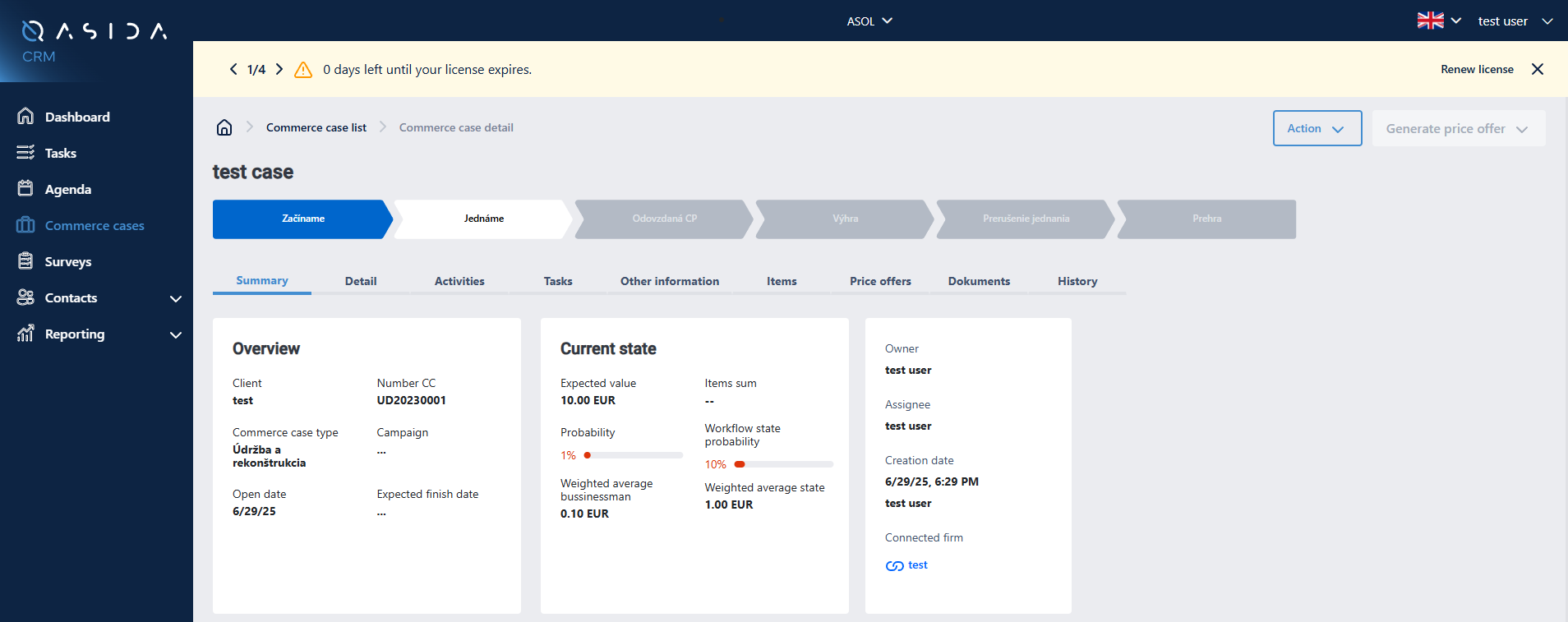 Commerce case stage names are displayed in Slovak instead of English