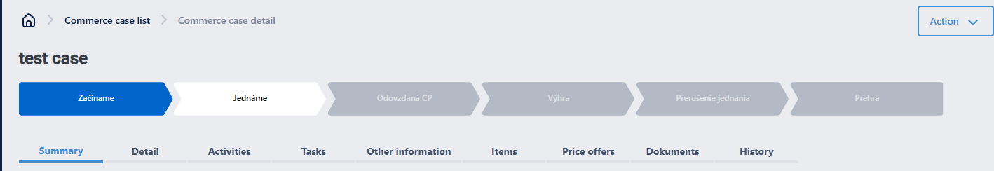 Commerce case stage names are displayed in Slovak instead of English